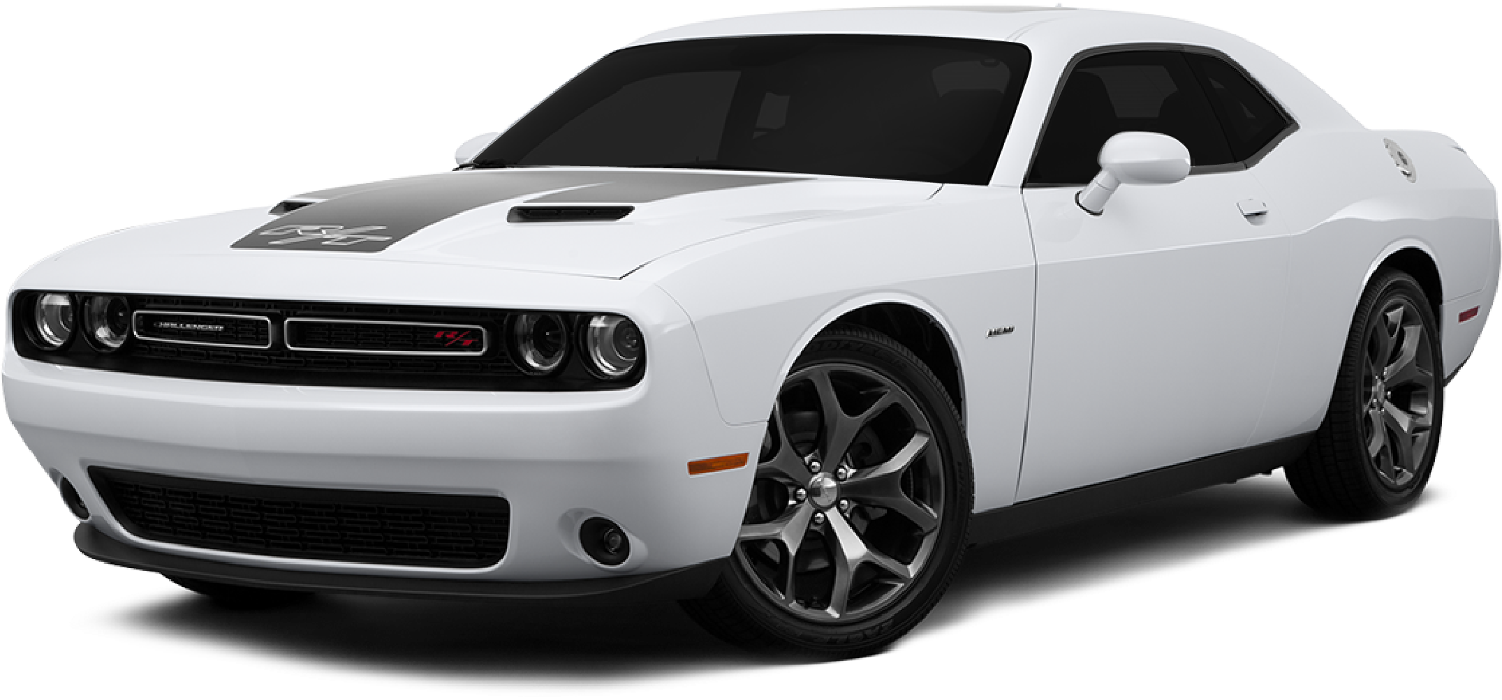 白色道奇Challenger SRT斜角視圖 壁紙 — 一輛純白色的 Dodge Challenger Hellcat，帶有黑色賽車條紋和侵略性造型，在黑色背景上脫穎而出。