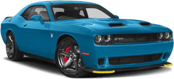 藍色道奇Challenger SRT斜角視圖 壁紙 — 一輛充滿活力的藍色道奇挑戰者跑車，帶有紅色制動卡鉗和黃色前分流器。