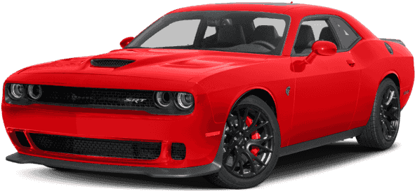 紅色道奇Challenger SRT Hellcat 壁紙 — 一輛帶有黑色飾邊和紅色制動卡鉗的鮮紅色道奇挑戰者SRT在透明背景上大膽地矗立著。