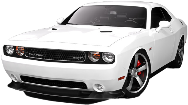 白色道奇Challenger SRT斜角視圖 壁紙 — 一輛純白色的 Dodge Challenger SRT 配備紅色制動卡鉗和黑色飾邊，在透明背景上大膽地矗立。