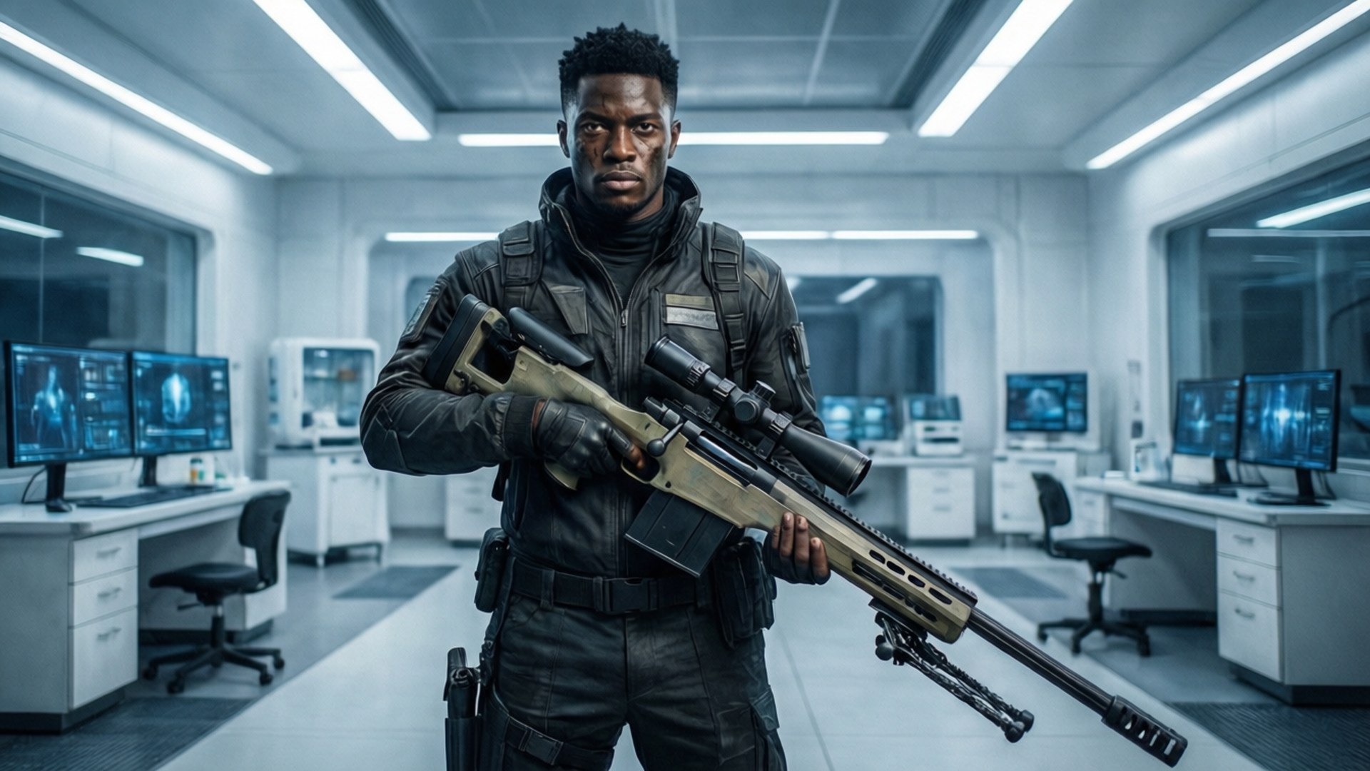 Black soldier holding sniper rifle in high-tech lab with monitors. 壁紙