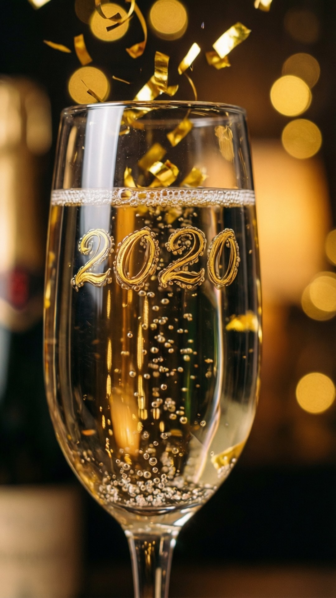 香檳杯帶有金色紙屑和側面刻有「2020」，用於新年慶祝