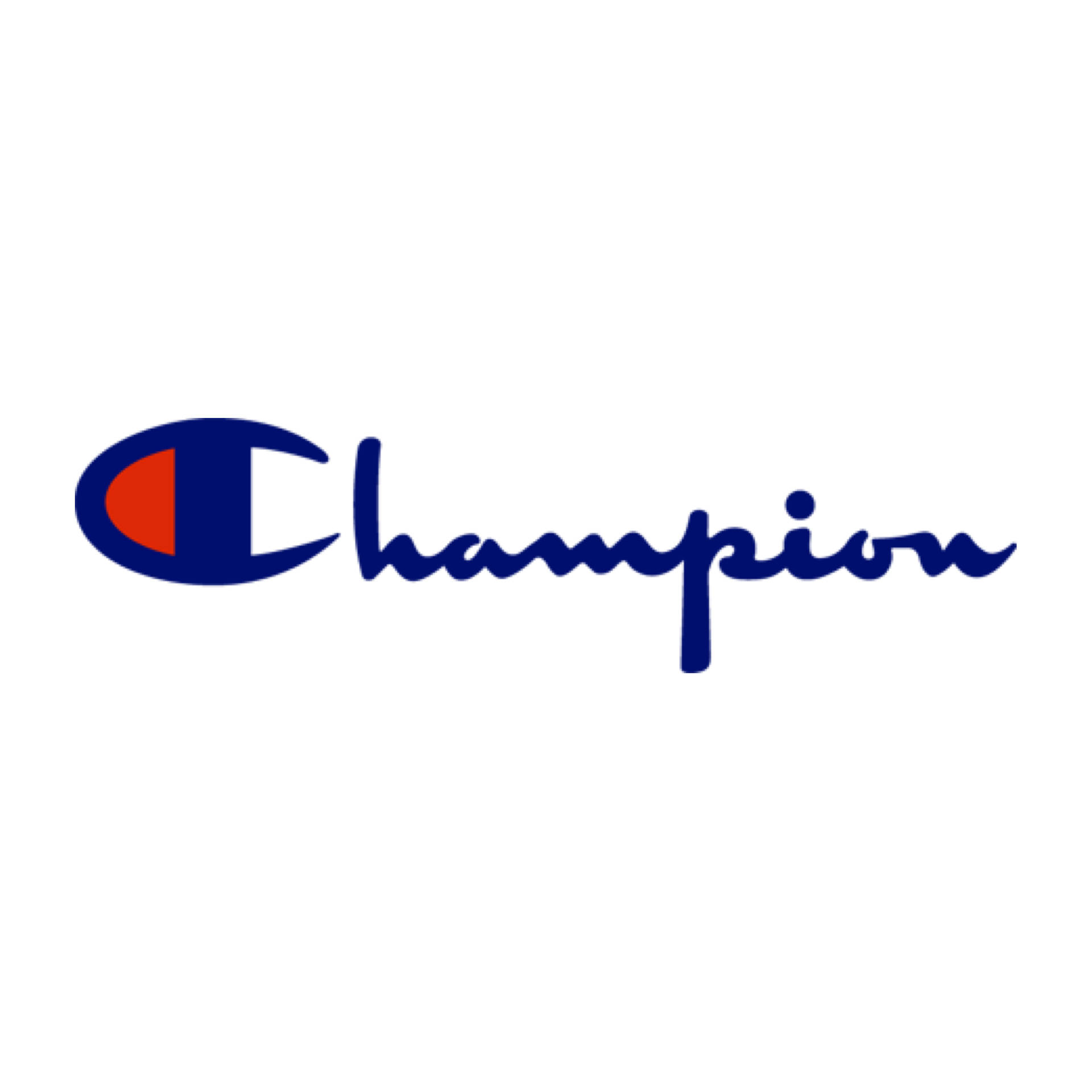 Champion 品牌標誌，帶有藍色草書文字和紅橙色 C 標誌。