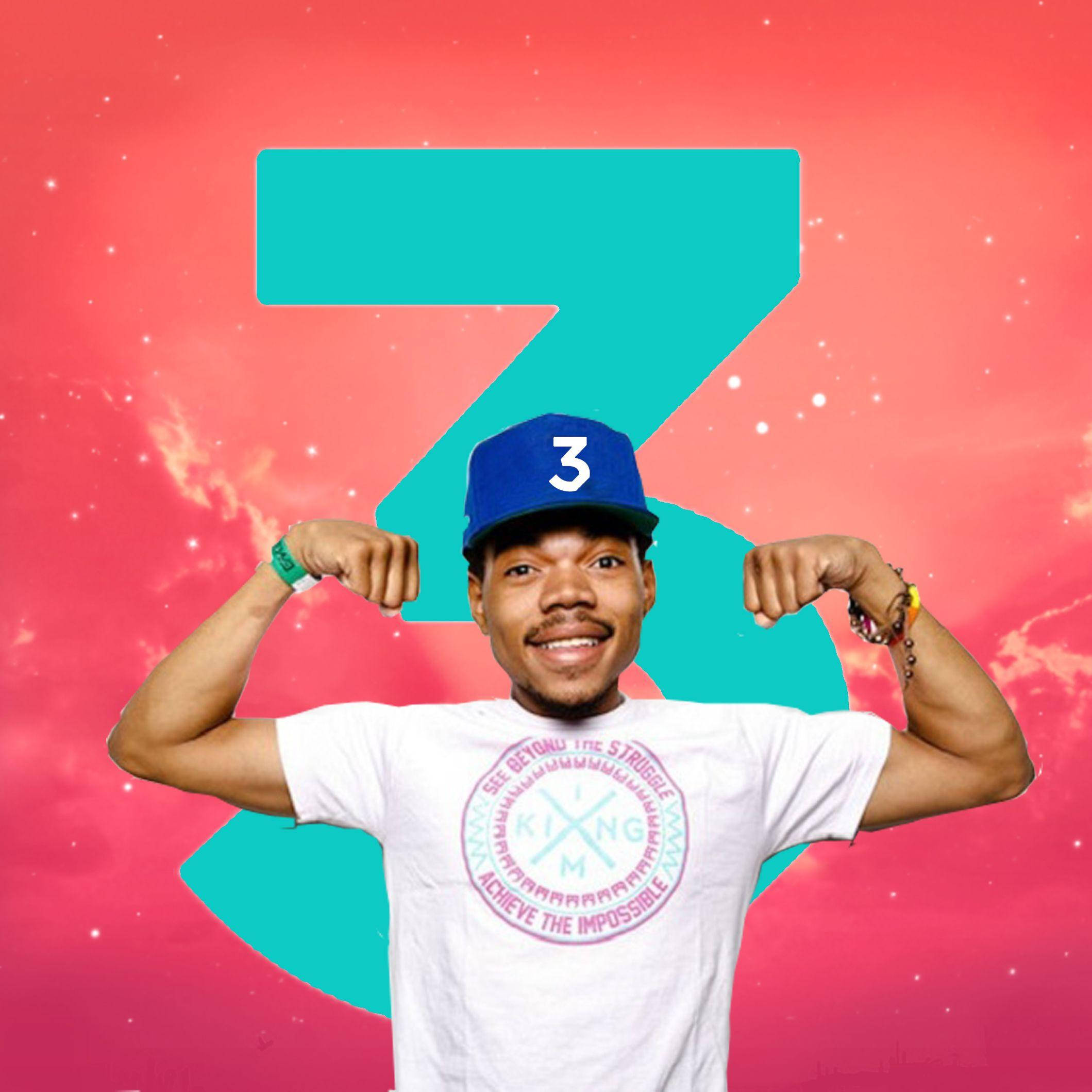 Chance The Rapper 展現肌肉 壁紙 — 一個微笑的男人穿著帽子和T恤，在充滿活力的粉紅色和藍綠色宇宙背景前展示肌肉，背景中有一個巨大的數字三。