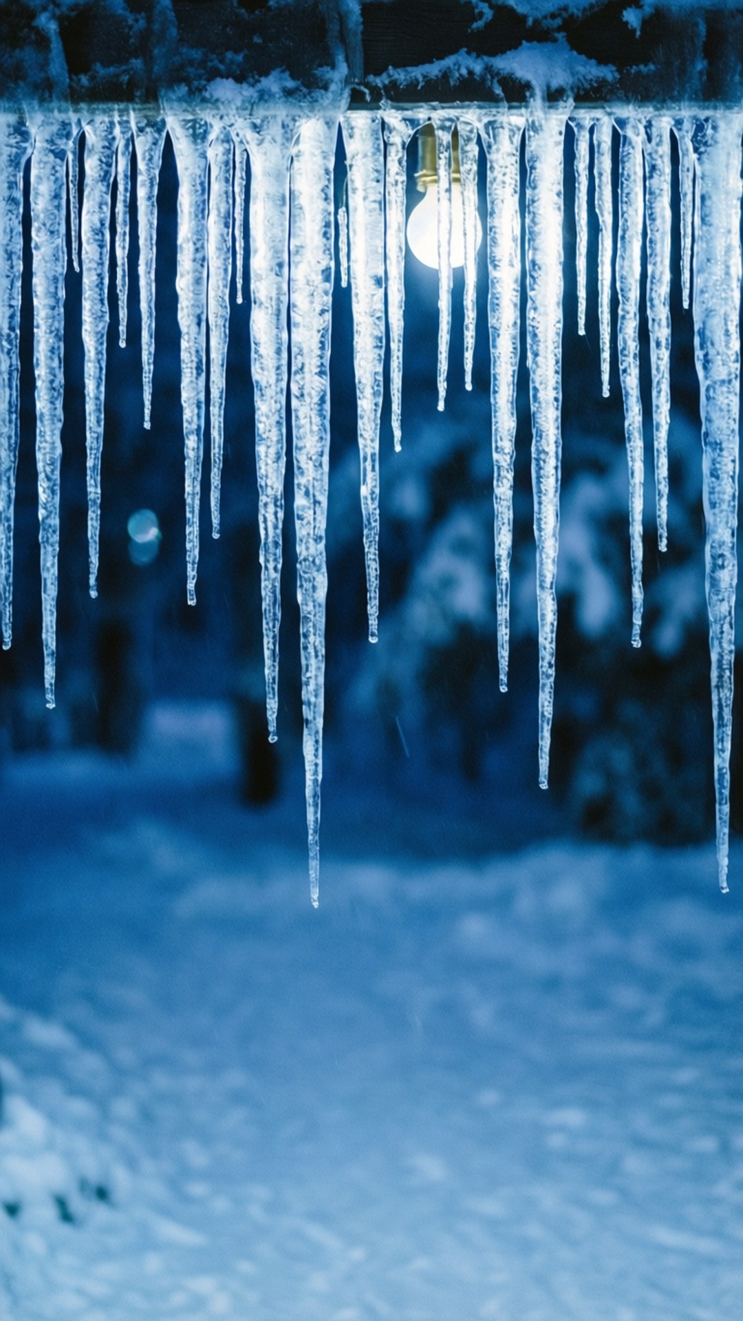 在雪夜中，溫暖的燈泡照亮了從屋頂垂下的冰柱。