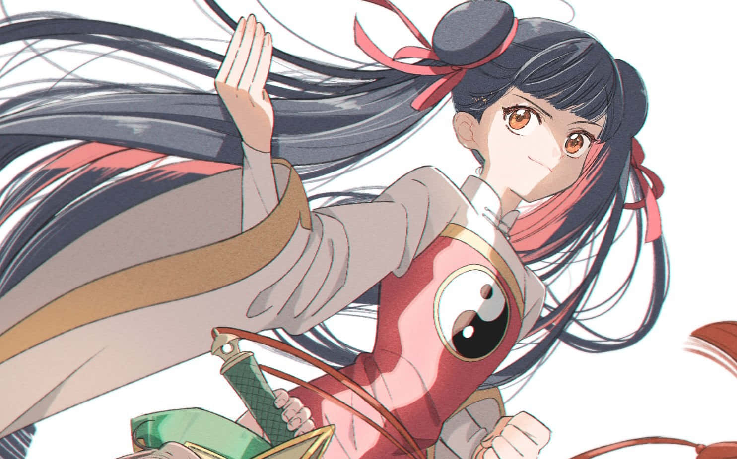  壁紙 — 長黑髮紅絲帶的動漫女孩在白色背景前擺出動態武術姿勢。