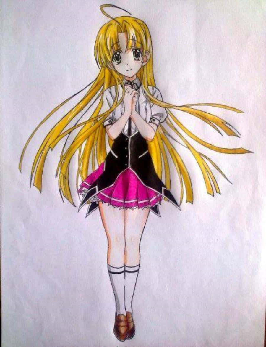 Highschool Dxd Asia Argento 桌布 壁紙 — 長金髮天使光環的動漫女孩在粉紅色裙校服中合十雙手。