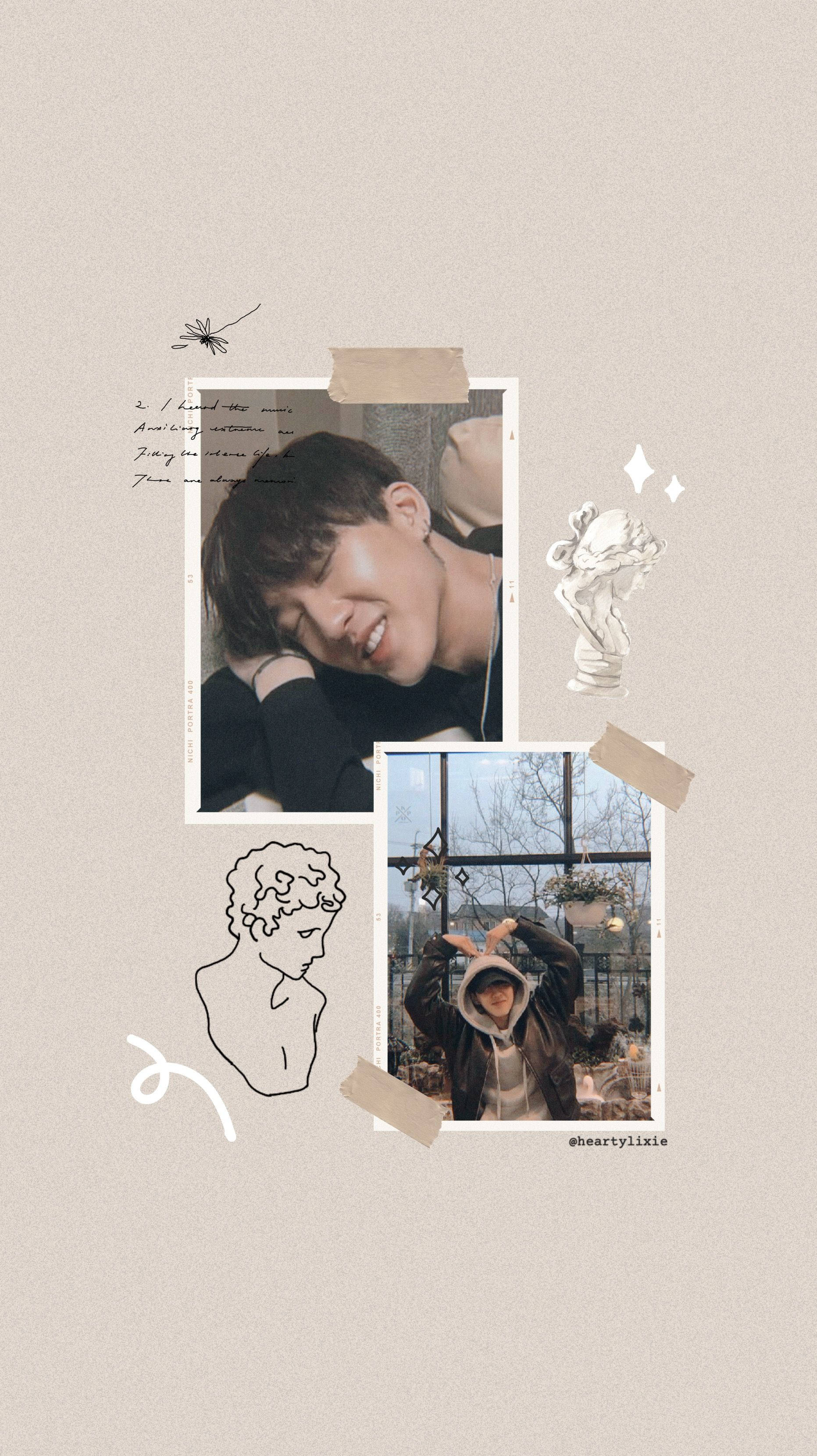 Changbin Stray Kids粉絲藝術圖 壁紙 — 兩張微笑年輕男子的照片拼貼在米色背景上，並有塗鴉和手寫文字。