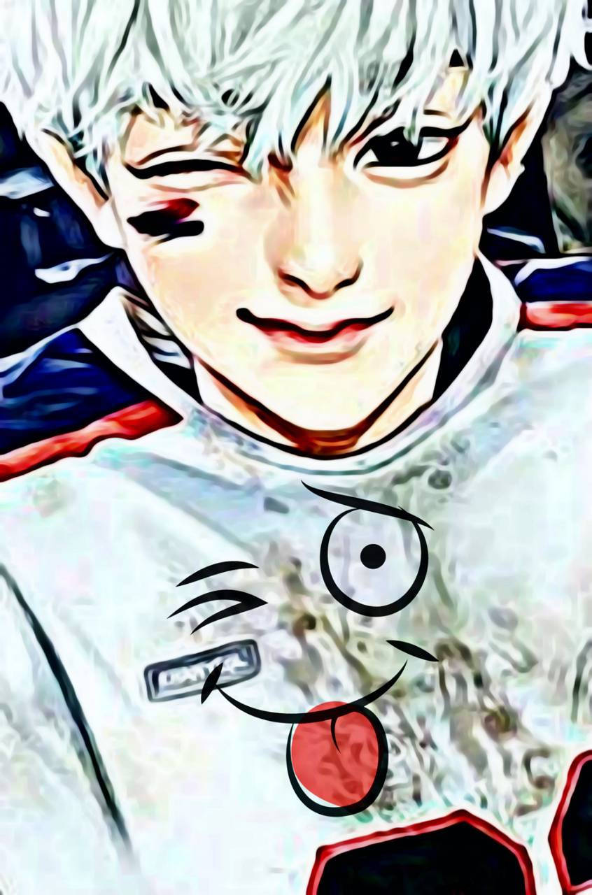 白髮動漫男孩眨眼，卡通臉從他的襯衫裡伸出來。