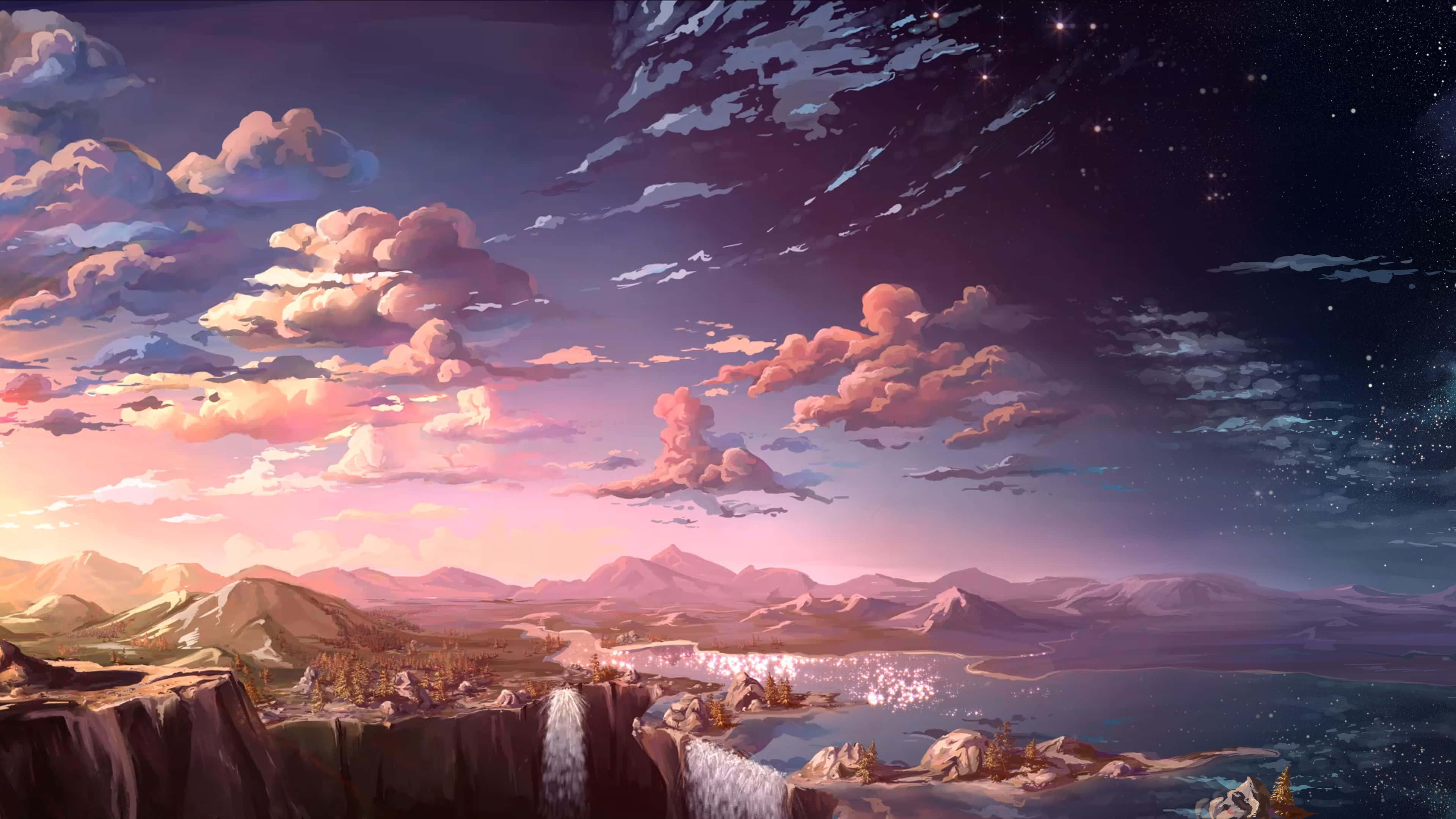 Sunset Painting 桌布 壁紙 — 超現實的暮色景觀，有粉紅色的雲彩、積雪的山峰和星空下閃閃發光的瀑布。