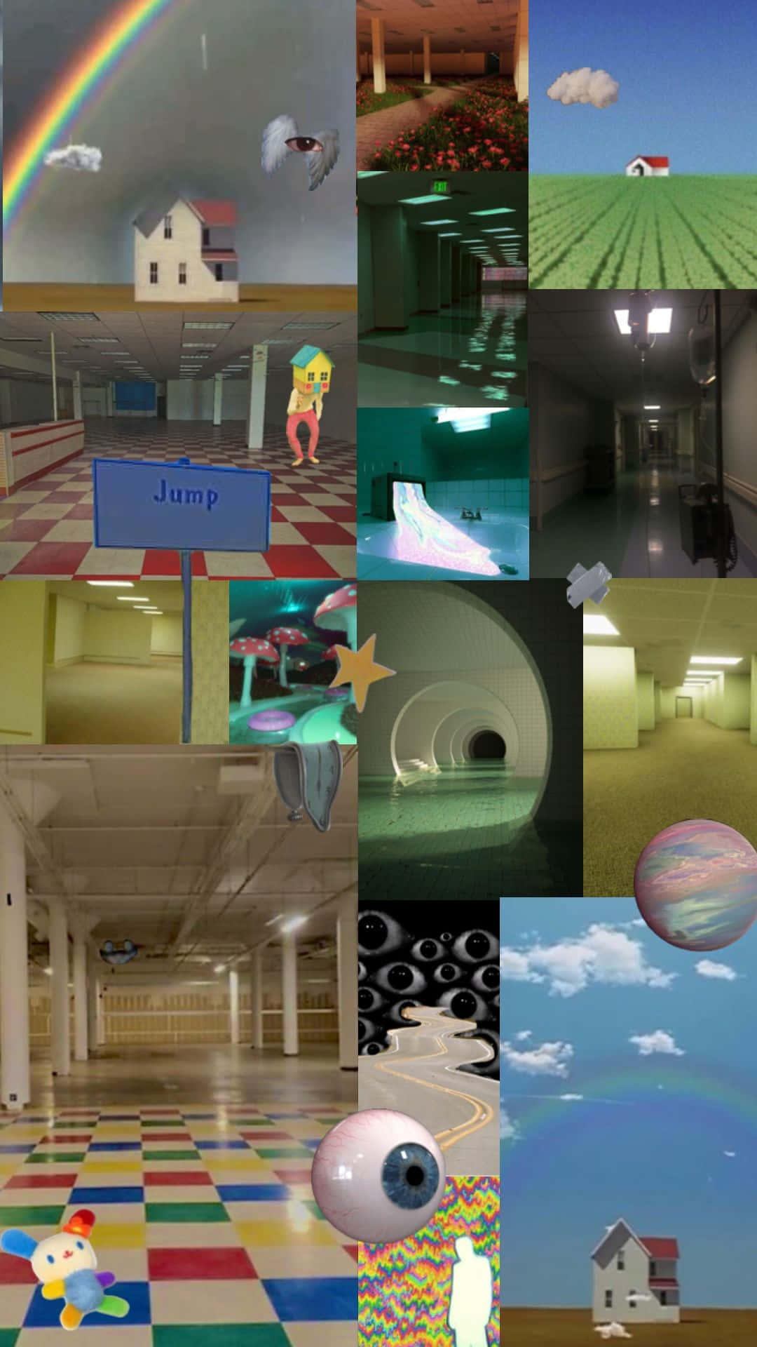  壁紙 — 一幅超現實的拼貼畫，呈現出扭曲的3D渲染世界中帶有彩虹、房屋、眼睛和超現實走廊的故障數位場景。