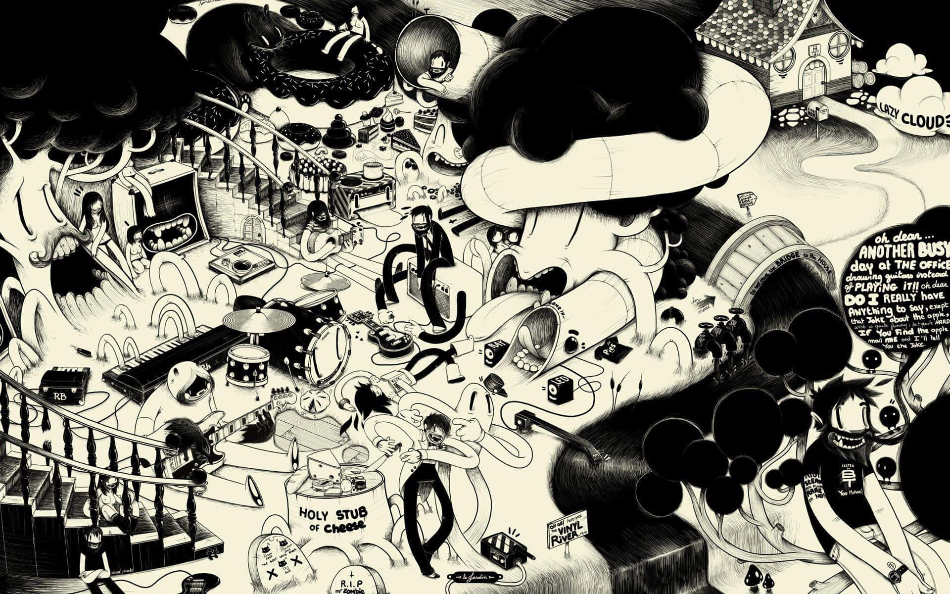  壁紙 — 一幅混亂的黑白超現實插圖，描繪了一個擠滿卡通角色、樂器和漂浮對話框的音樂工作室。