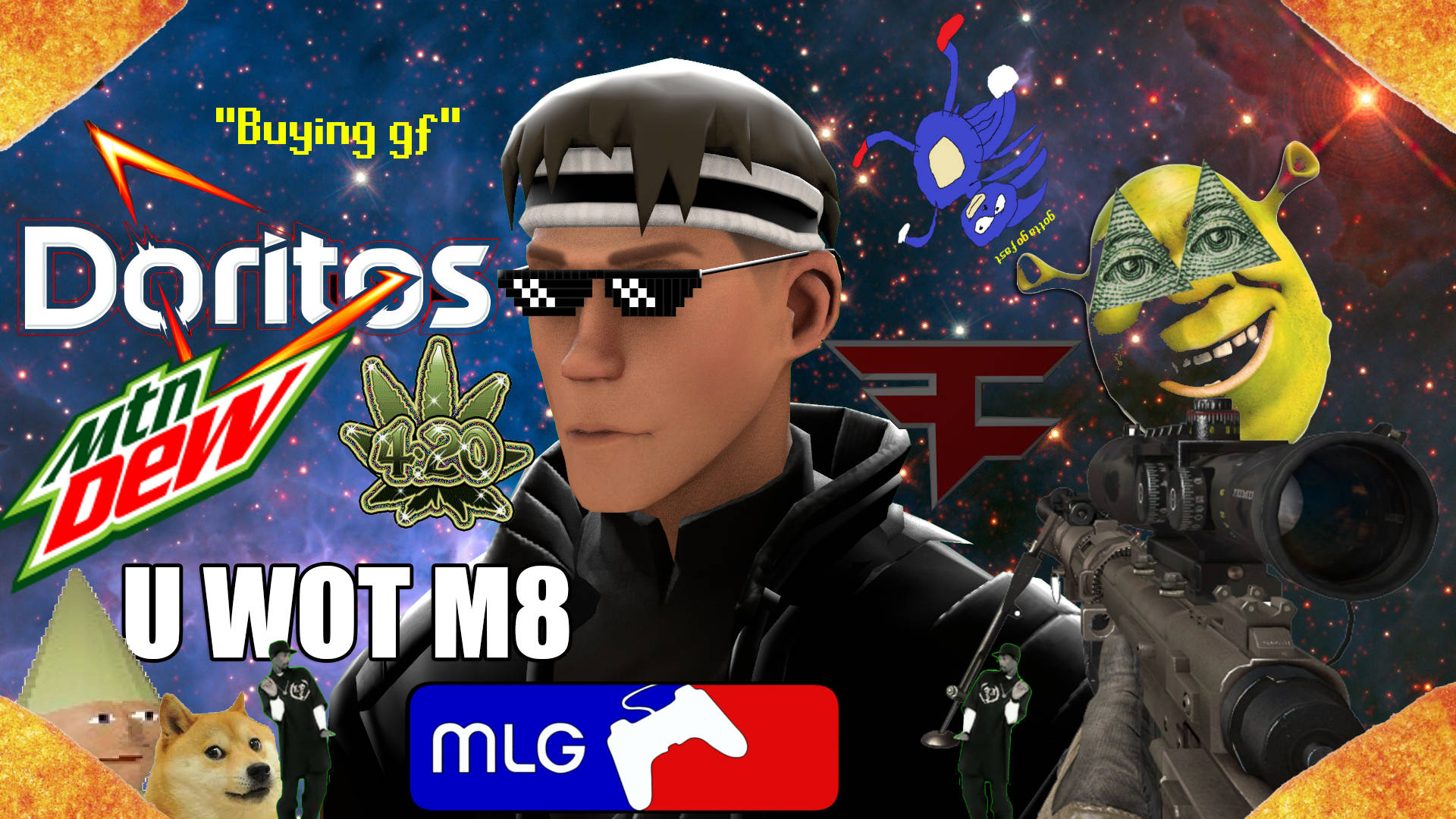 遊戲開始！ 壁紙 — 一個混亂的數碼拼貼，一個戴著像素太陽眼鏡的男人拿著步槍，背景是星空，還有Doritos、Mountain Dew和史力加迷因。