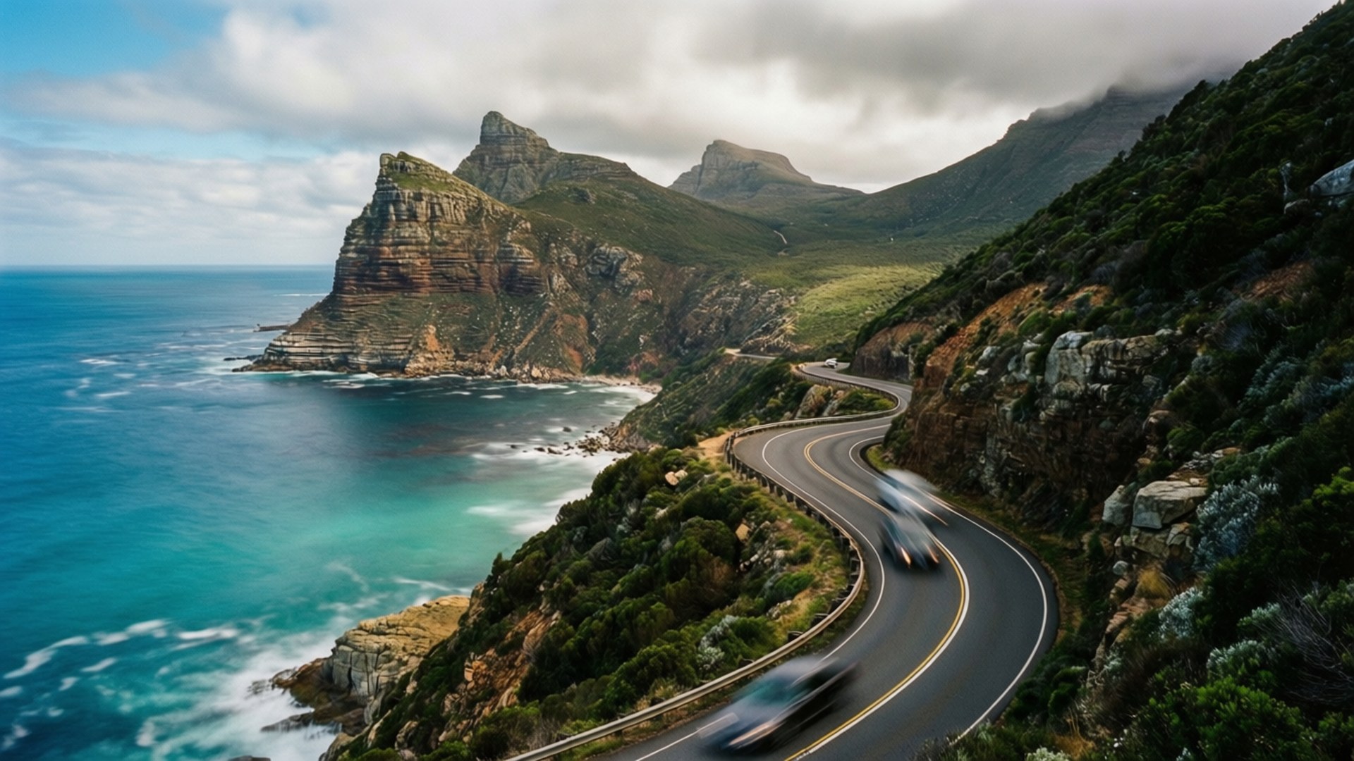 彎曲的海岸道路，汽車在懸崖和下方的碧綠海浪旁飛馳。
