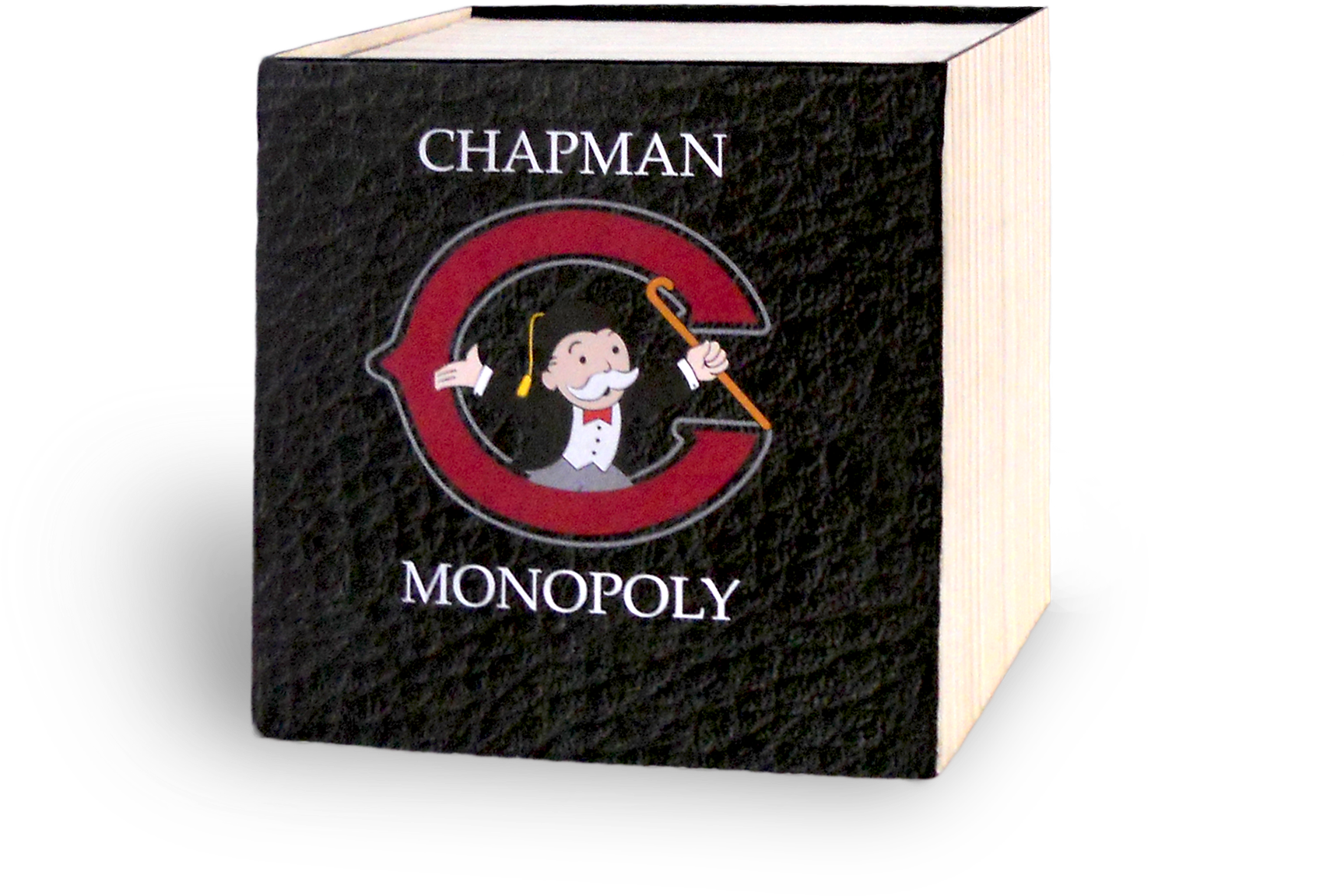 客製化Chapman大富翁書本版 壁紙 — 一本黑色紋理書，名為 Chapman Monopoly，展示了一個穿著燕尾服的卡通人物在紅色 C 標誌內拿著手杖。