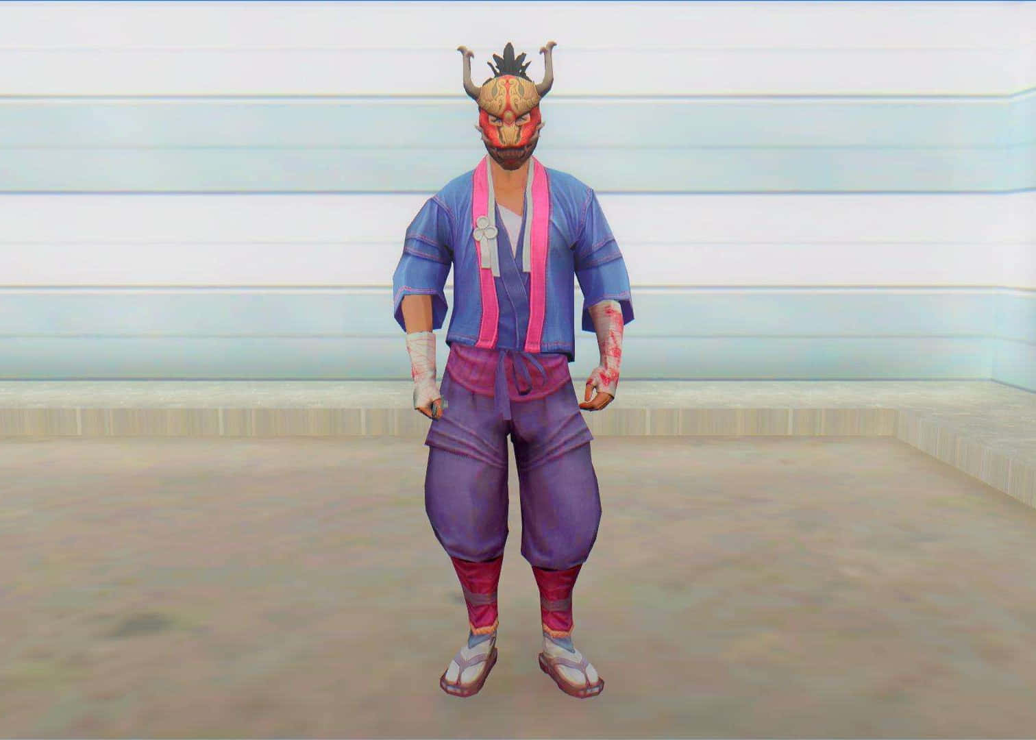  壁紙 — 一個戴著紅色惡魔面具、身穿藍紫色服裝的角色，站在一個淺藍色牆壁的簡約房間裡。