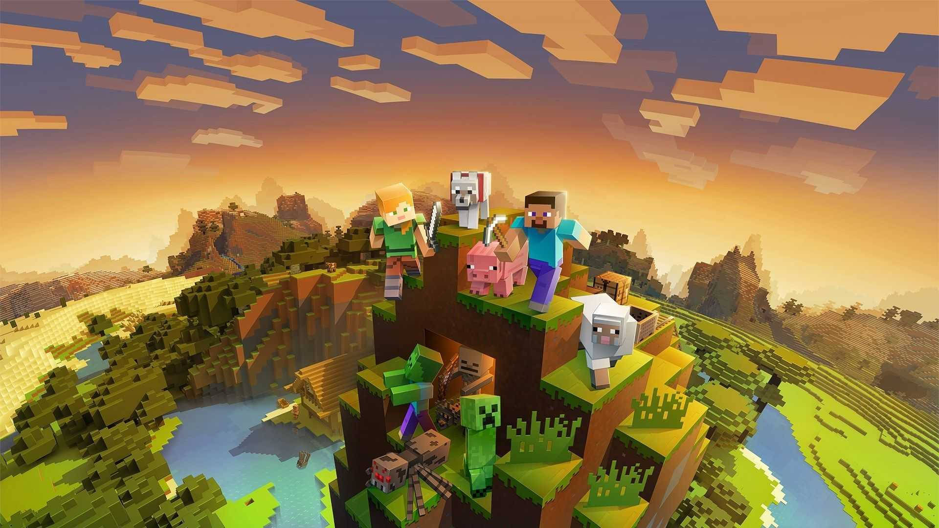 山頂角色 Minecraft 高畫質 壁紙 — 兩名Minecraft玩家和他們的動物站在像素懸崖頂上，俯瞰著夕陽下充滿活力的方塊景觀。