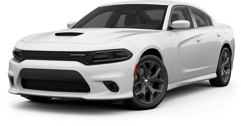 白色道奇Charger現代肌肉車 壁紙 — 一輛純白色的 Dodge Charger SRT Hellcat 轎車，帶有黑色飾件和侵略性造型，在純黑色背景下脫穎而出。