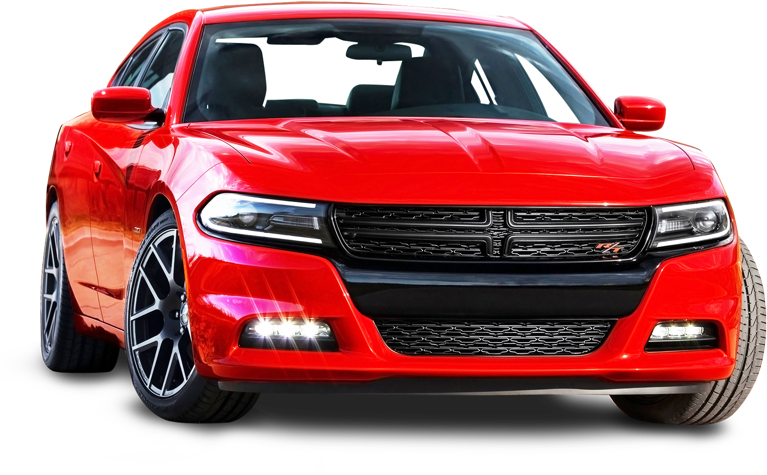 紅色道奇Charger R/T正面視圖 壁紙 — 一輛光澤的紅色Dodge Charger RT跑車，配備黑色格柵和銀色輪圈，在黑色背景下的工作室燈光中展示。