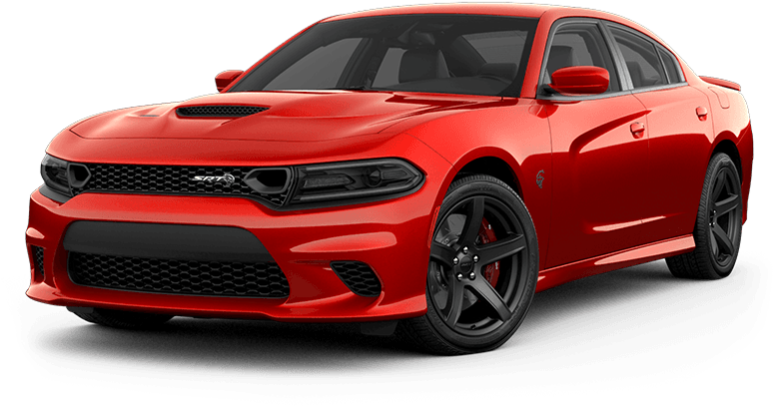 紅色道奇Charger SRT 壁紙 — 一輛亮紅色的 Dodge Charger SRT Hellcat 轎車，帶有黑色飾件和侵略性造型，背景為黑色。