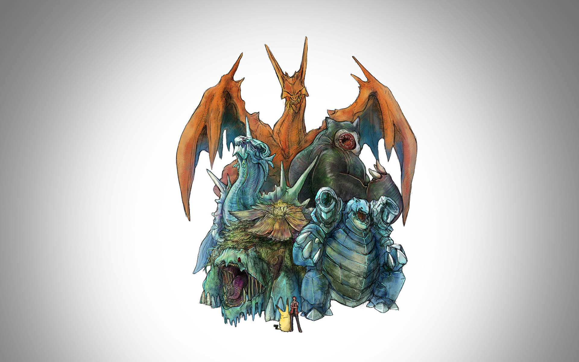 Charizard, the Fire and Flying Type Icon 壁紙 — 一個高聳的複合怪物，有多個龍頭和裝甲身體，籠罩著一個微小的人形。