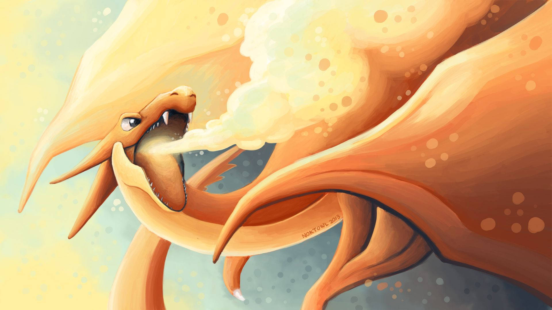 Charizard Unleashing Fire Blast 壁紙 — 一頭火橙色、鬃毛飄逸的龍，對著柔和漸變的天空吐出一團煙霧。
