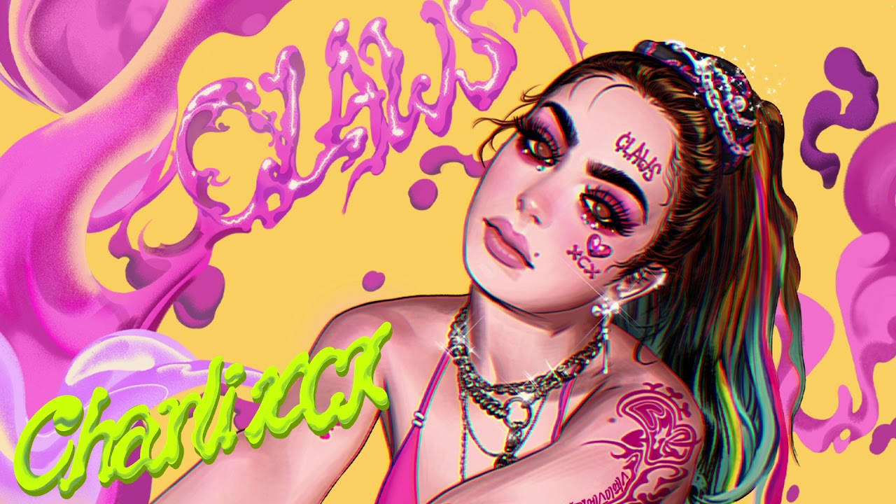 Charli XCX《Claws》歌曲封面插畫 壁紙 — 一個風格化的動漫女孩，擁有彩虹色頭髮和閃亮化妝，在充滿活力的黃色和粉紅色抽象背景前擺姿勢，帶有'Charli XCX'文字。