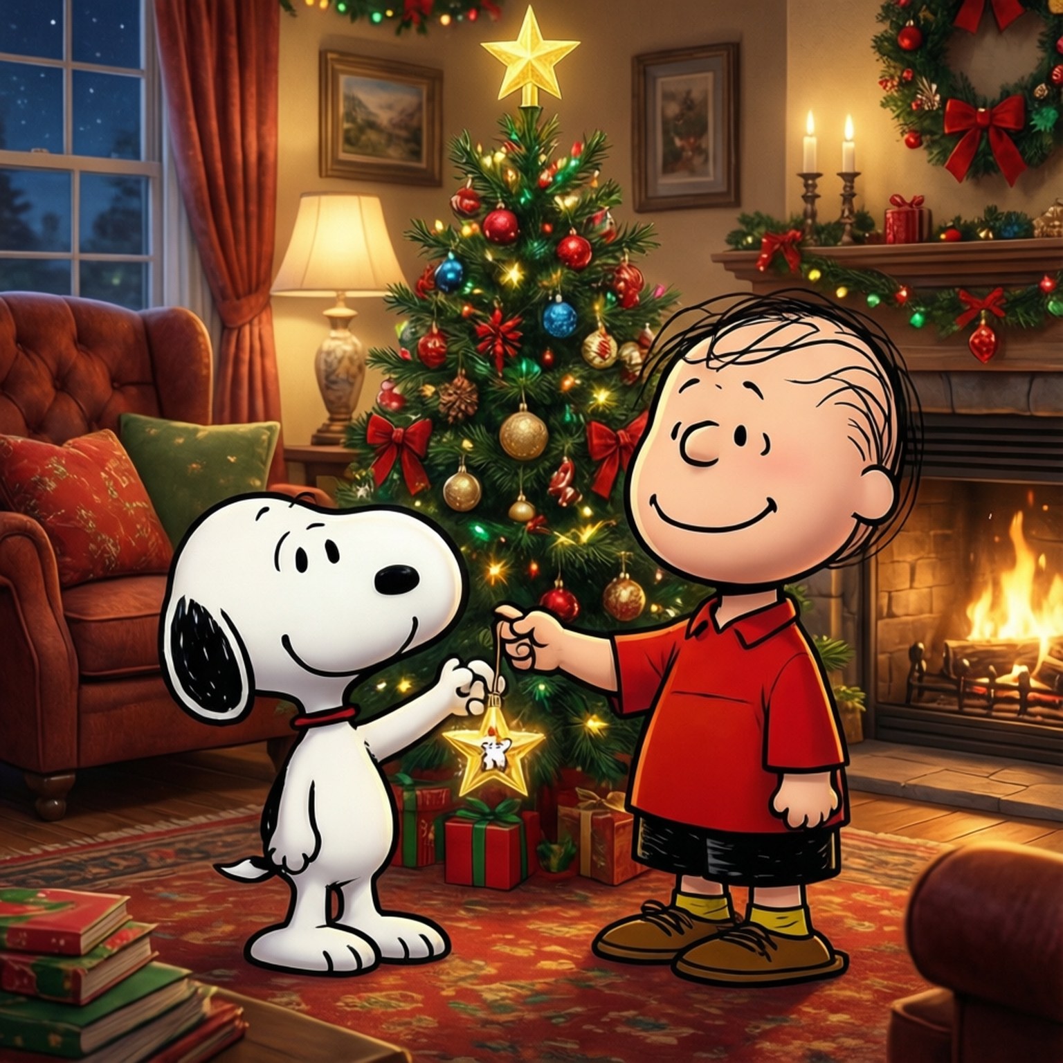 與 Charlie Brown 裝飾聖誕樹 壁紙 — 查理布朗和史努比在一個有壁爐的舒適客廳裡，高興地將一顆金星掛在明亮的聖誕樹上。