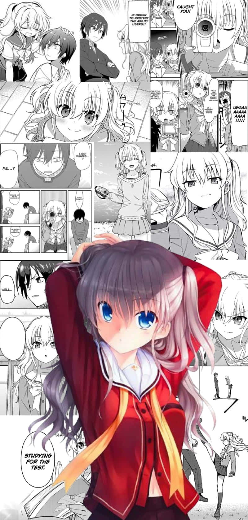 《Charlotte》動畫 湯米 漫畫版 壁紙 — 一個充滿活力的動漫女孩穿著紅色校服站在中央，周圍是黑白漫畫面板，描繪了各種角色和場景。