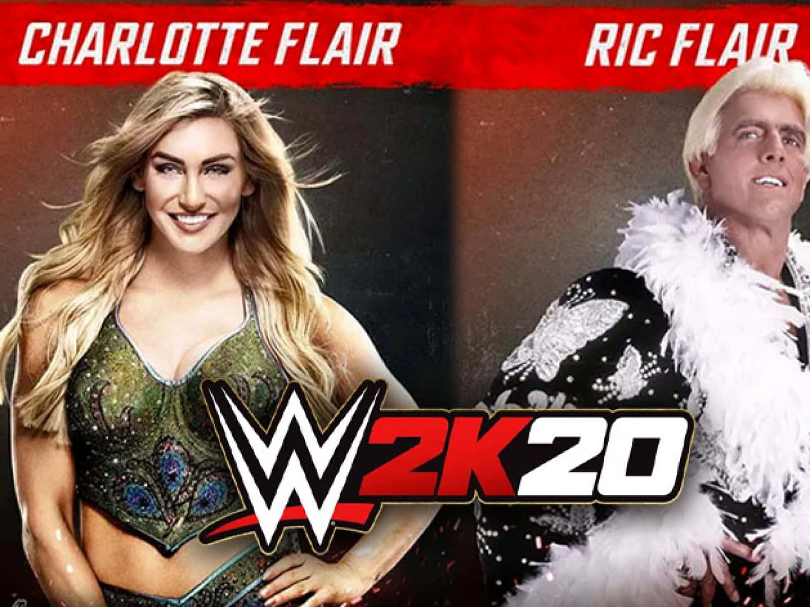 WWE 2K20 封面藝術， Charlotte Flair 和 Ric Flair 自信地擺姿勢。