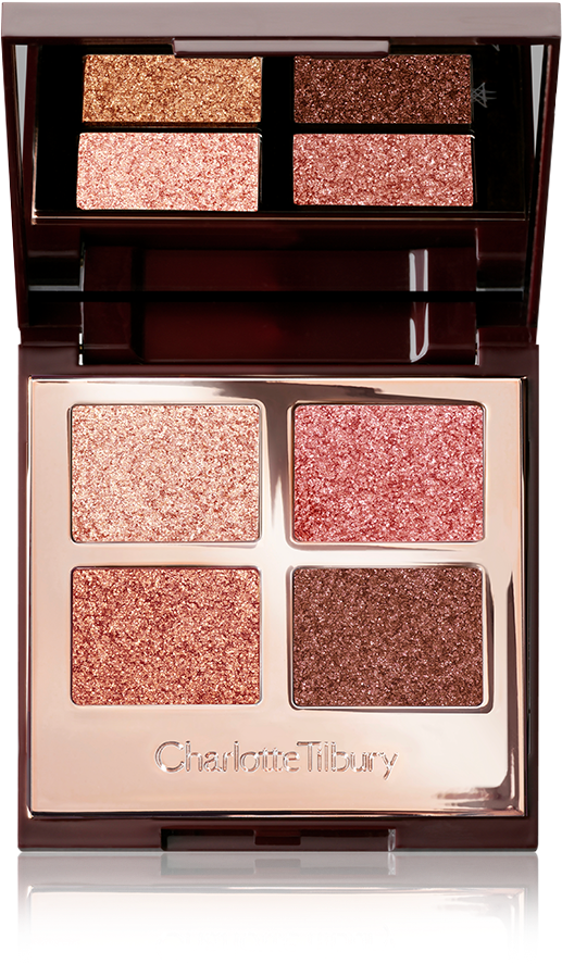 Charlotte Tilbury 眼影盤 壁紙 — 一個豪華的開封Charlotte Tilbury眼影盤，展示閃爍的玫瑰金、銅色和粉紅色調。