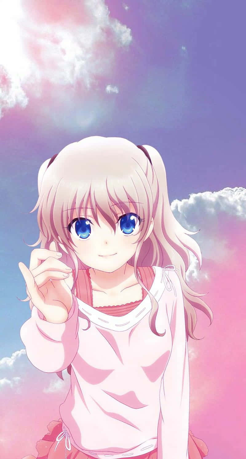 粉紅髮藍眼動漫女孩在粉彩天空下向觀眾揮手。