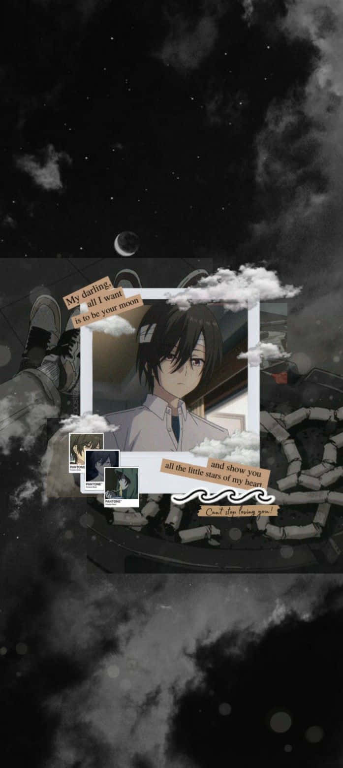 相框中的動漫男孩，配上浪漫文字，背景是暴風雨的夜空。