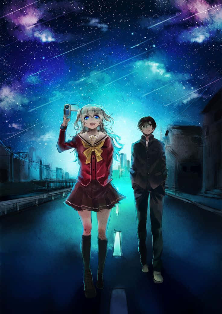 兩個動漫角色喺流星滿天嘅星空下。