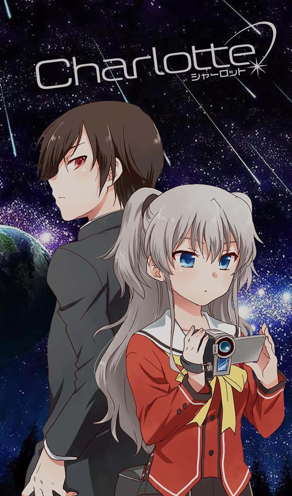 動漫男孩和女孩在太空中，身後有相機和行星。 — Video GIF 壁紙