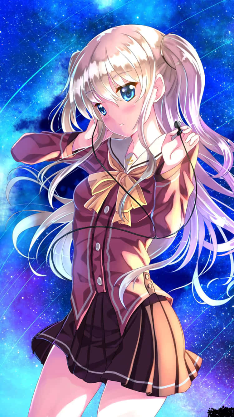 Charlotte動畫 - 桃里奈戴耳機 壁紙 — 一個金髮動漫女孩穿著校服，在充滿活力的宇宙星空背景下拿著耳機。