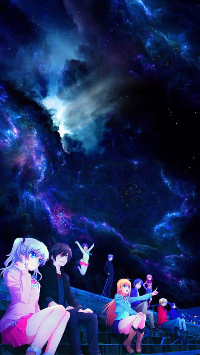 動漫群體欣賞夜空中色彩繽紛的星雲。