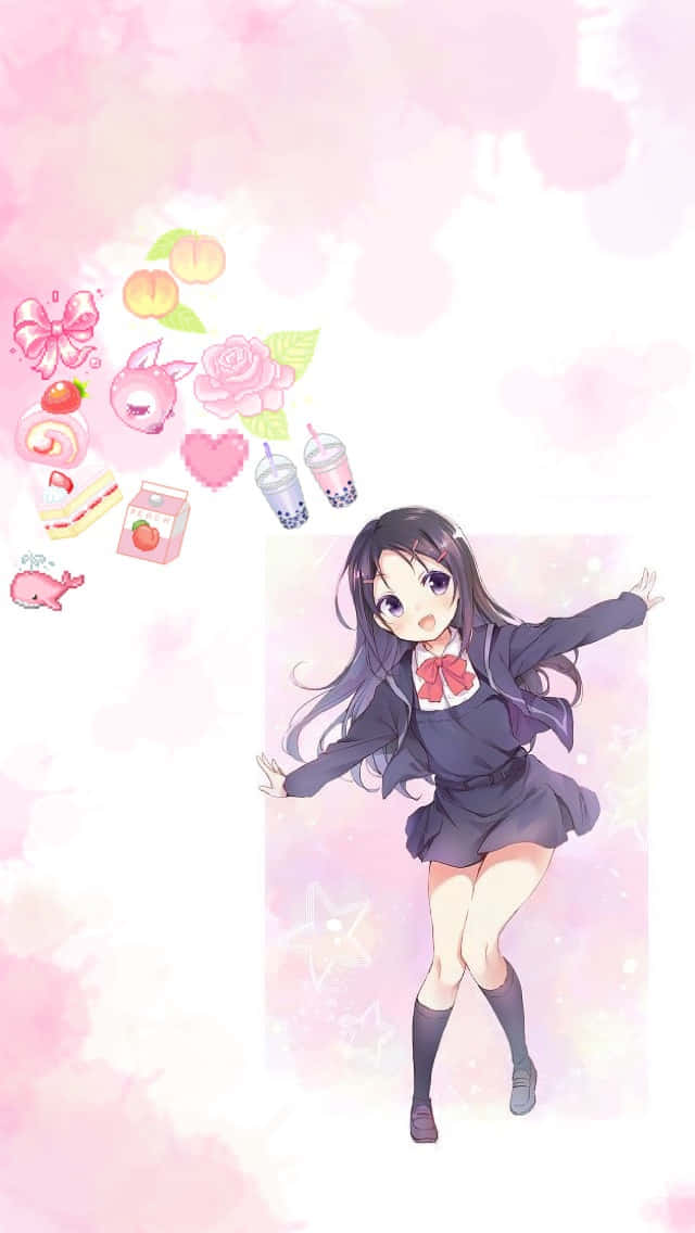 穿著校服的動漫女孩，周圍漂浮著糖果和花朵在跳舞。