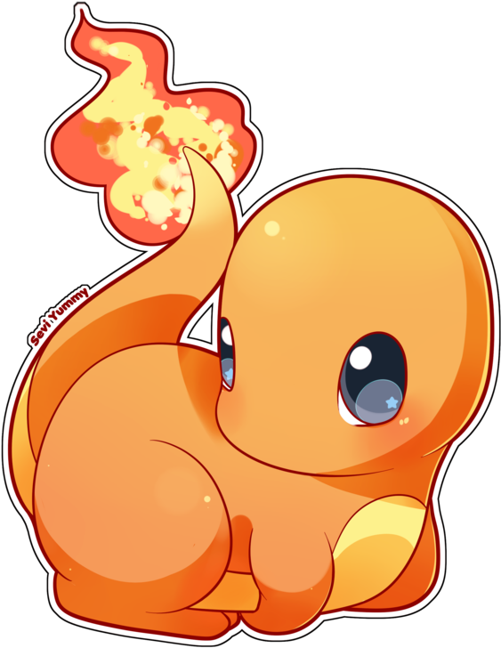 可愛的 charmander 藝術作品 壁紙 — 一隻可愛的卡通小火龍，尾巴有火焰，坐在黑色背景前，眼睛又大又閃亮。