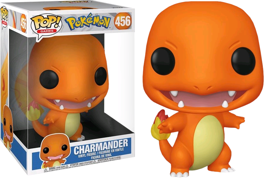 charmander 寶可夢 Funko Pop 葡萄酒瓶公仔 壁紙 — 一個亮橙色的Charmander Funko Pop! 乙烯基公仔站在其品牌盒旁邊，表情愉快，尾巴有火焰。