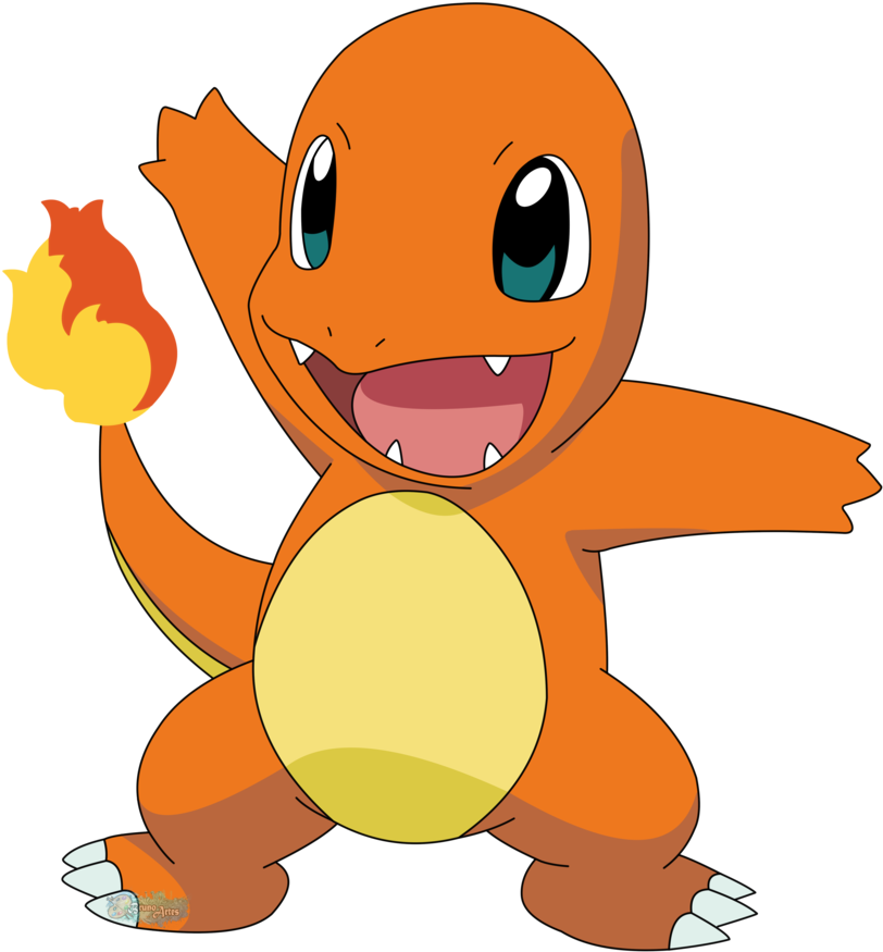 charmander 寶可夢 繪畫 壁紙 — 一隻快樂的橙色小火龍，尾巴有火焰，在黑色背景上微笑揮手。