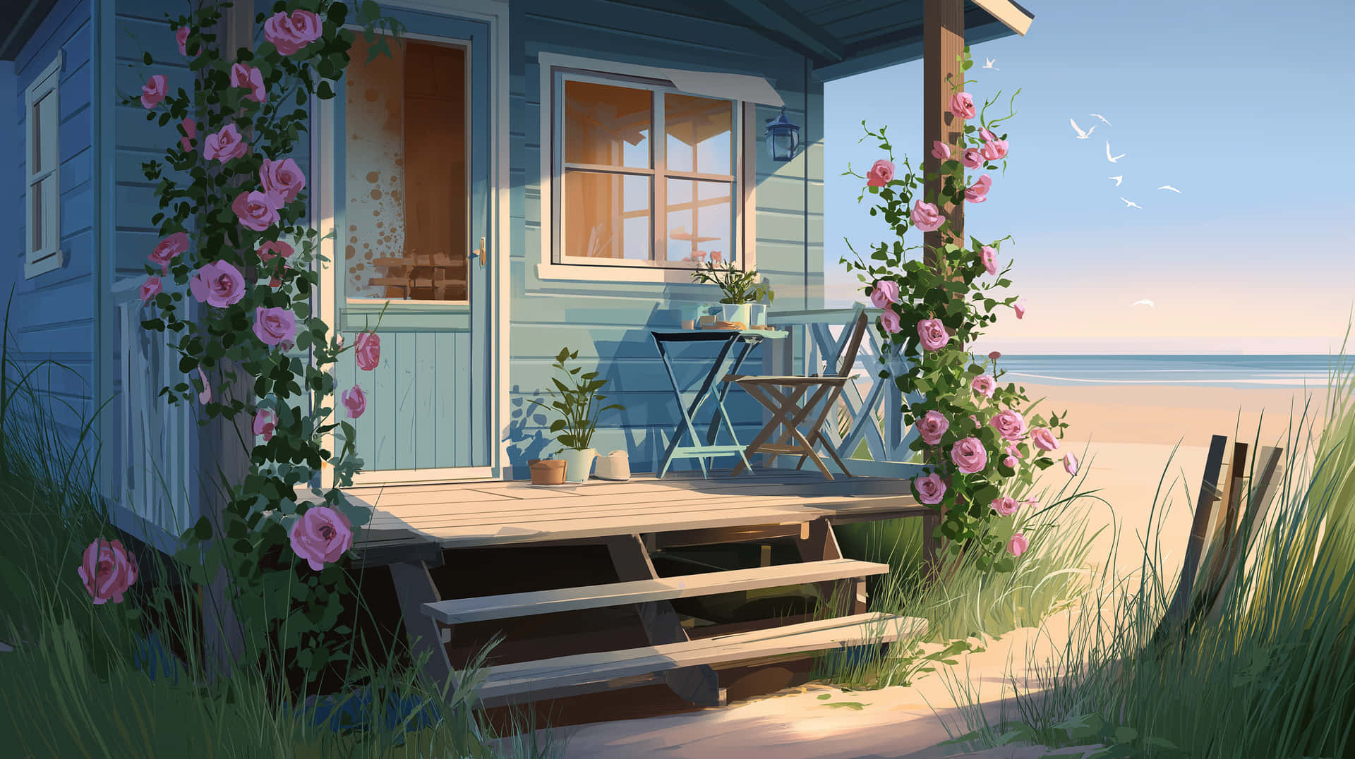 藍色海灘小屋門廊配粉紅玫瑰，俯瞰平靜海洋和天空