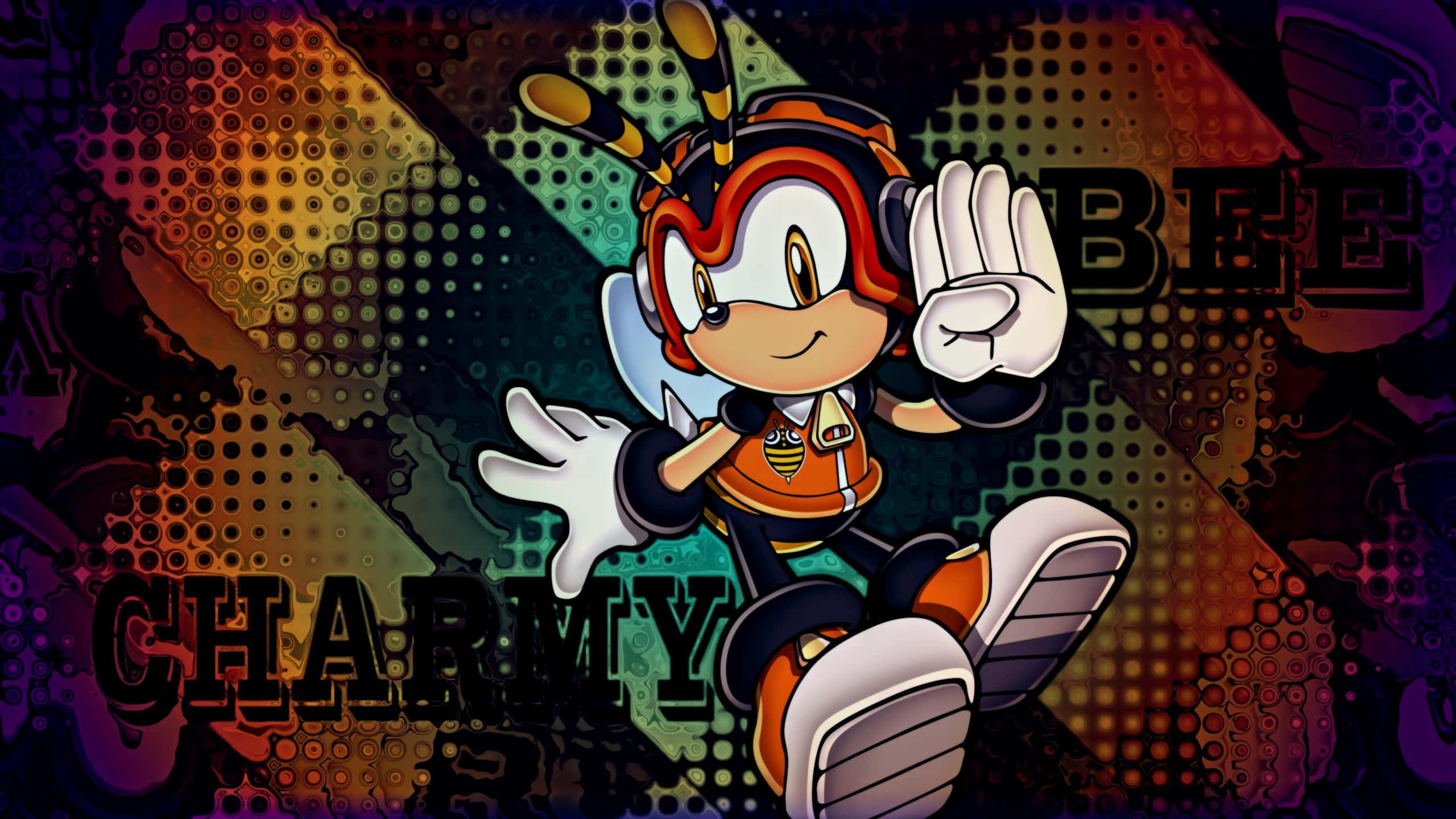 Charmy Bee 桌布 壁紙 — Charmy Bee 從《超音鼠》中精力充沛地跳躍，背景是鮮豔的漸變色和粗體文字。
