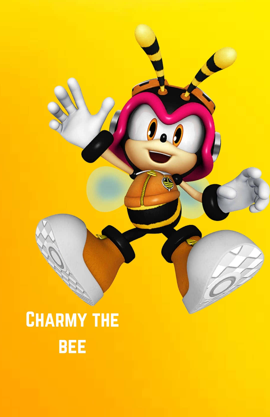 Charmy Bee 桌布 壁紙 — Charmy the Bee 在充滿活力的黃色背景上，愉快地揮手，帶著喜悅的表情和發光的翅膀。