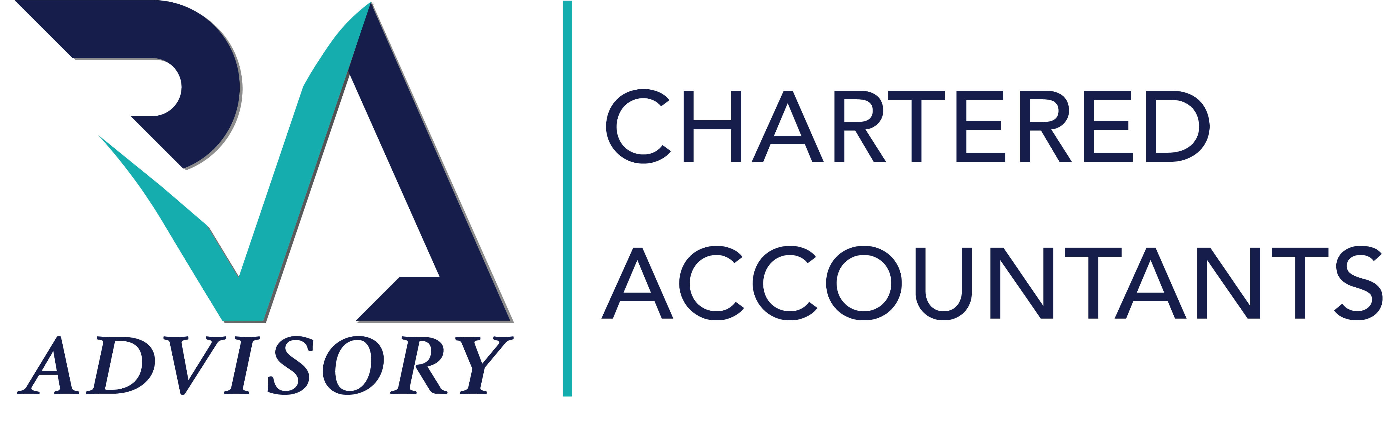 Chartered Accountants Advisory 標誌，採用時尚的 RA 字母組合和海軍藍青綠色。