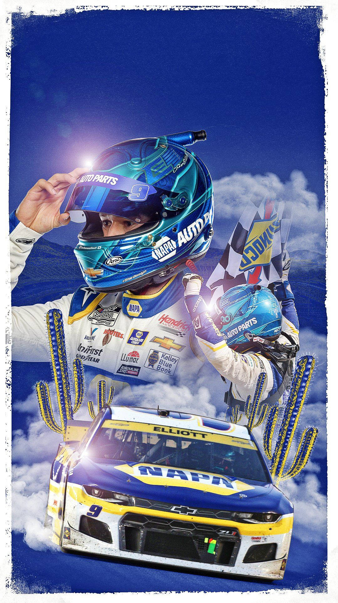 NASCAR車手在雲端之上揮舞格子旗和賽車慶祝勝利。