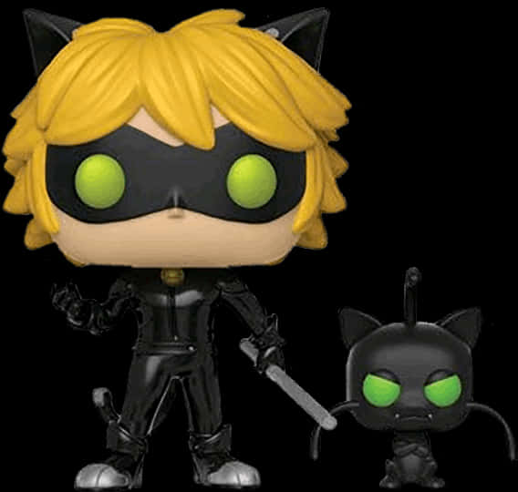 《奇迹少女》Chat Noir 與 Plagg Funko Pop 壁紙 — 兩個來自 Miraculous 的 Adrien Agreste 和他的貓咪夥伴的 Funko Pop 公仔，兩者都有發光的綠色眼睛和黑色服裝，背景為深色。