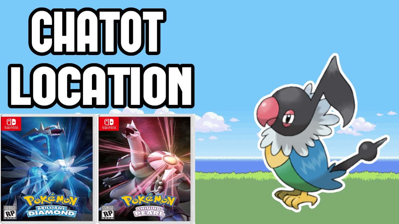 卡通角色Chatot指向Pokémon Diamond和Pearl遊戲封面旁邊。