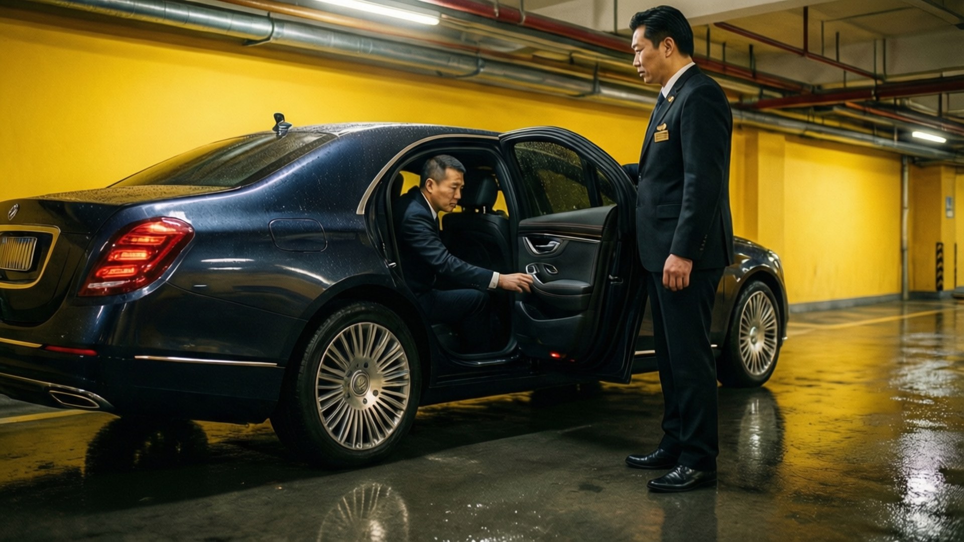 一位司機在潮濕的地下停車場協助乘客進入豪華轎車。