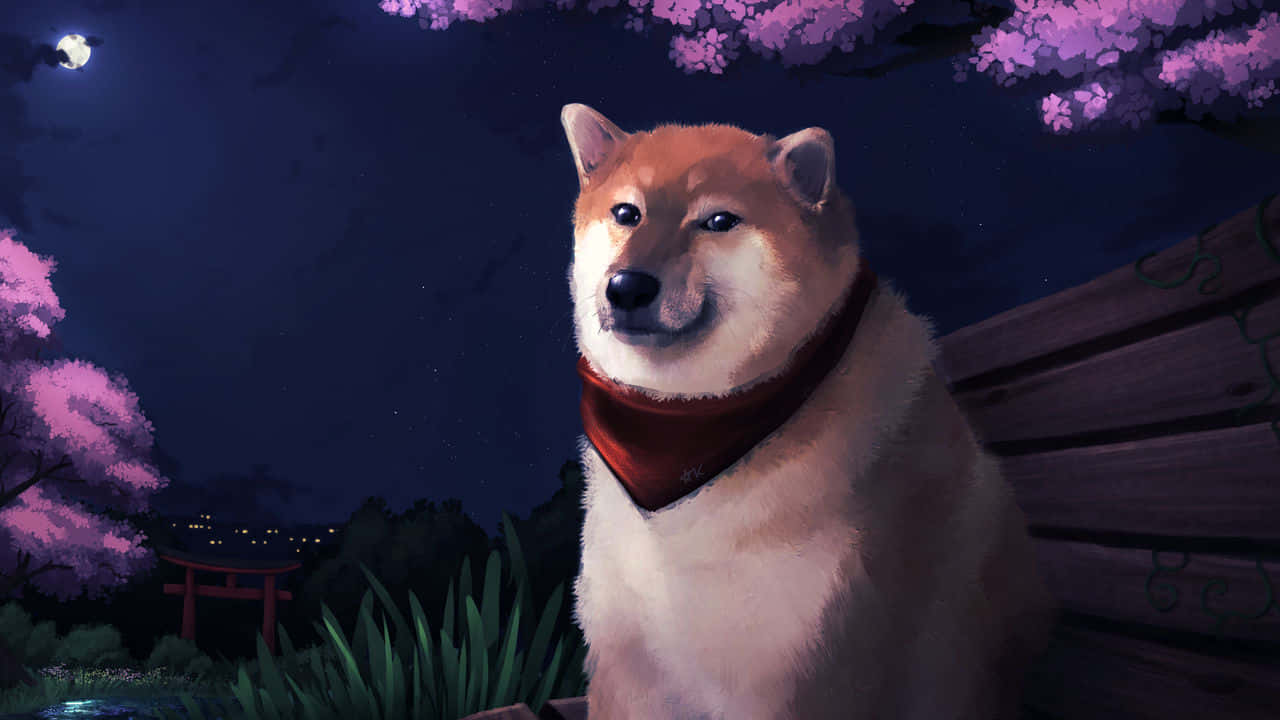 柴犬戴紅色頭巾，在櫻花和月光下。